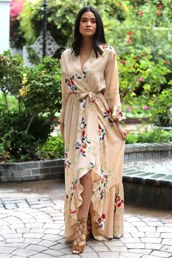 Taupe floral print faux wrap dress ...